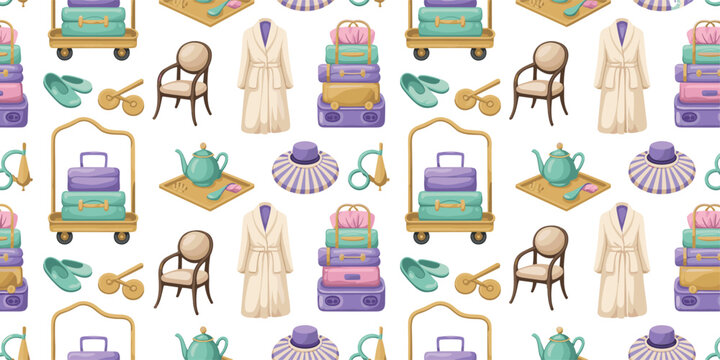 Seamless pattern background featuring luxury hotel vacation elements including bathrobes, luggage carts, suitcases, cozy chairs, hats, and room service