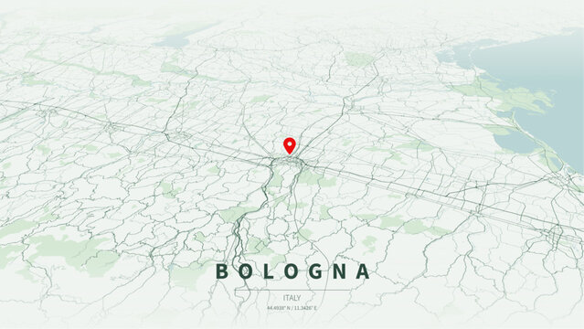 Minimalist vector map of Bologna, Emilia-Romagna, Italy. High-quality scalable illustration of Bologna city, historic Centro Storico hexagon layout, Italian national rail transit networks for posters.