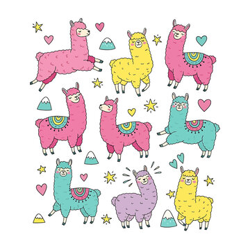 Colorful cartoon llamas with hearts stars.