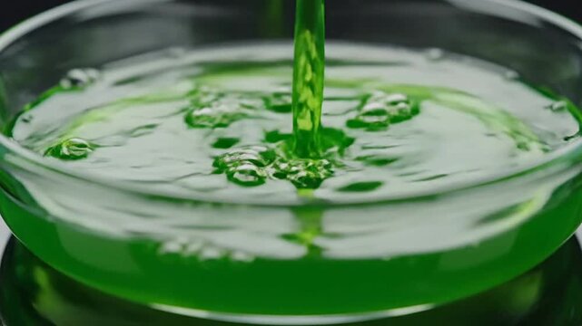 Vibrant Green Liquid Being Poured Into Transparent Petri Dish, Ideal For Health And Beauty Applications, Showcasing Texture And Fluid Movement In A Laboratory Setting