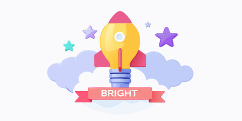 Rocket ship lightbulb illustration with clouds and stars © Prince