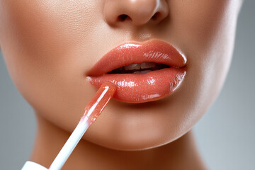 Naklejka premium “Glossy lips close up makeup beauty female smooth skin sensual cosmetic glamour shine applying lip gloss for radiant and attractive look.”