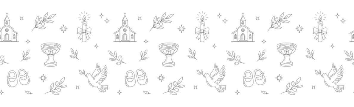 Baptism horizontal border with church, baptismal font, baby shoes and dove. For christening invitations, cards, stationery and packaging decoration. Line art strip.
