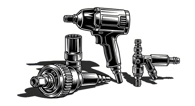Vintage Style Illustration of Pneumatic Impact Wrench and Air Tool Accessories for Automotive Repair and Industrial Use