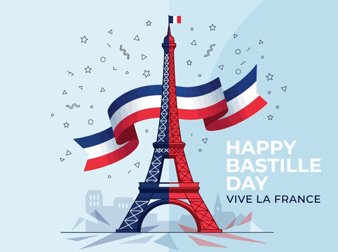 Bastille Day Celebration Illustration Featuring the Eiffel Tower Wrapped in a French Tricolor Ribbon, Vive La France National Day Greeting Card Background