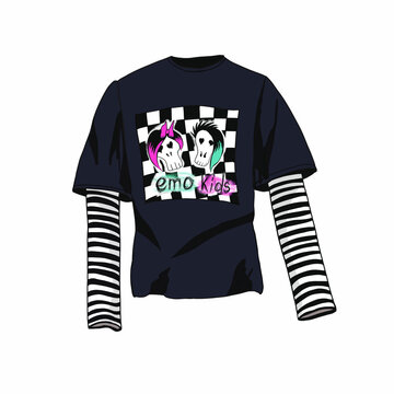 Minimalist illustration of an alternative, emo fashion outfit featuring a black graphic t-shirt layered over black-and-white striped long sleeves
