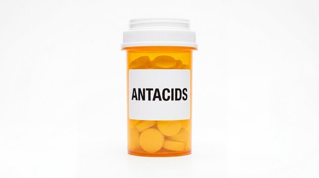 Orange plastic prescription medicine bottle containing round yellow antacid tablets sitting isolated on white background