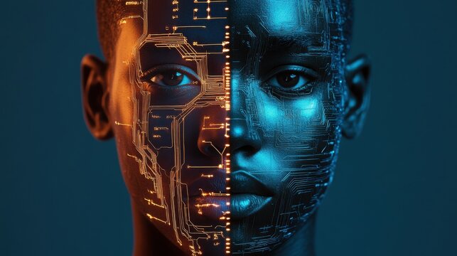 Human Face Merging with Digital Circuitry in Futuristic Concept