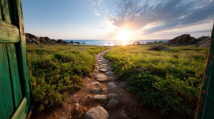 Obraz premium This stunning image showcases a winding pathway through lush greenery, leading to an idyllic seaside view at sunset, representing peace and tranquility in nature.