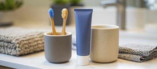 Fototapeta premium Family oral care essentials arranged on bathroom counter