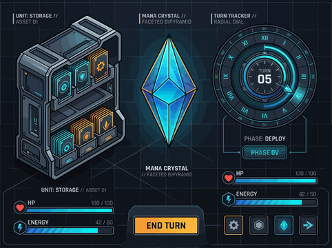 Sci-Fi Game UI Interface Design with Mana Crystal, Card Storage Unit, Turn Tracker Dial, and Status Bars for Futuristic Strategy RPG and Mobile Game HUD.