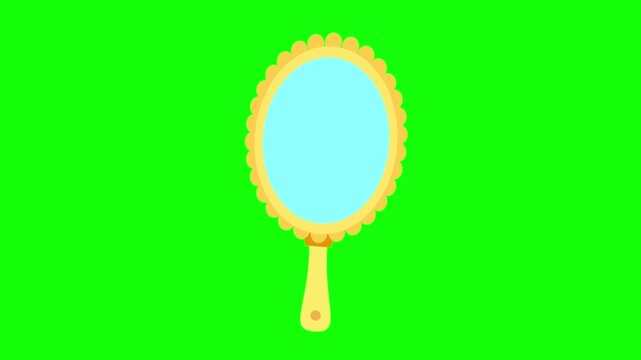 Animated cartoon yellow hand mirror with light reflections isolated on a green screen background.