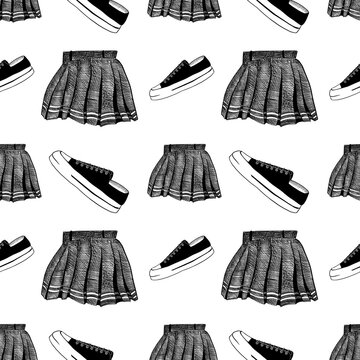 seamless pattern of a black line illustration of a pleated skirt and sneakers with a mesh-like texture, isolated on a clean light background.