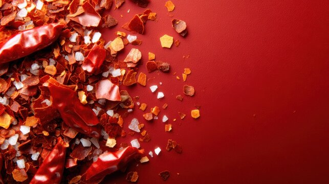 Vivid crushed red chilies and salt scatter across a striking red backdrop, emphasizing the vibrant culinary elements and bold flavors in cooking and the art of seasoning.