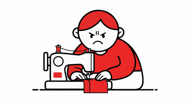 Frustrated cartoon character using sewing machine effectively.