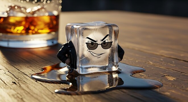 Funny Ice Cube Character with Sunglasses Melting Next to Whiskey.