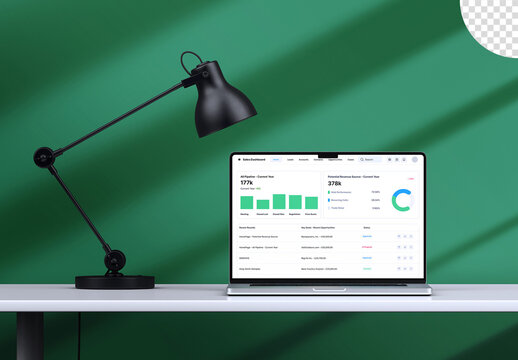 Laptop Screen Workspace Mockup on Desk with Lamp