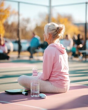 Senior woman in pink hoodie practicing outdoor yoga and meditation on court during community fitness class for wellness design background
