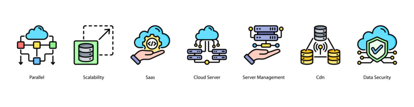 Scalable Systems web banner icon vector illustration featuring Parallel, Scalability, SaaS, Cloud Server, Server Management, CDN, and Data Security.
