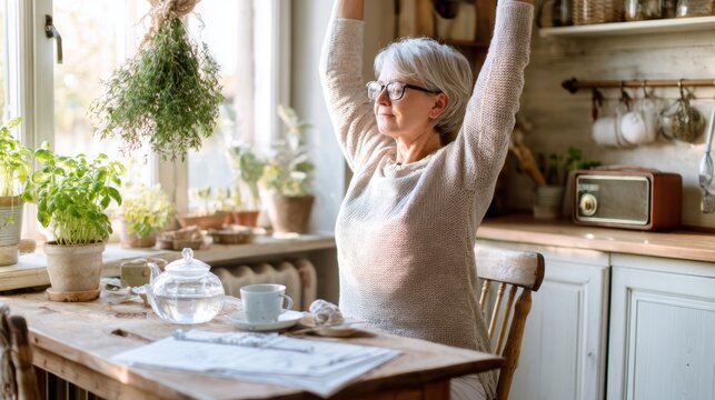 Senior woman stretching in a sunny rustic kitchen with indoor plants and tea cup for wellness background and lifestyle design