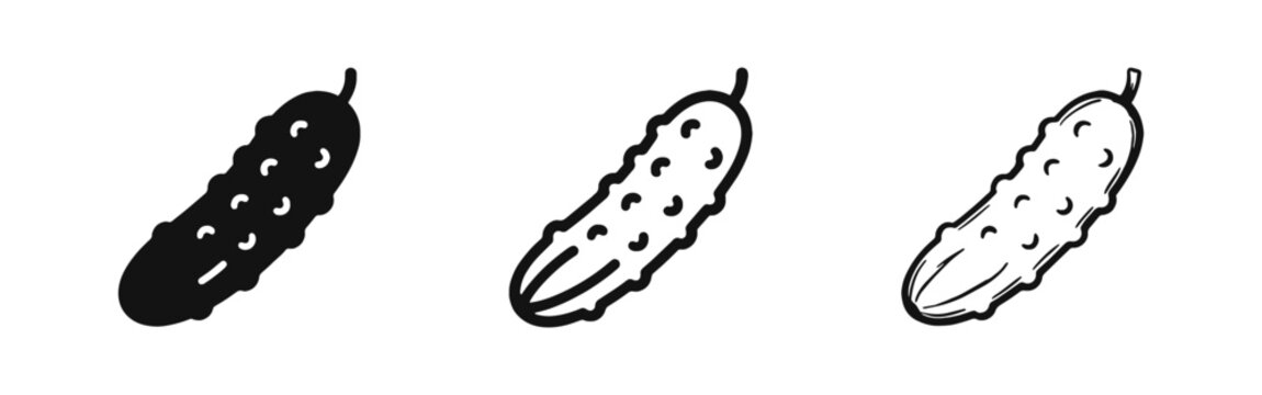 Cucumber and pickle icons set, fresh vegetable symbols in solid, outline, and hand-drawn styles.