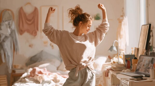 Young woman stretching in sunlit cozy bedroom morning scene for lifestyle design, web banner, poster, background
