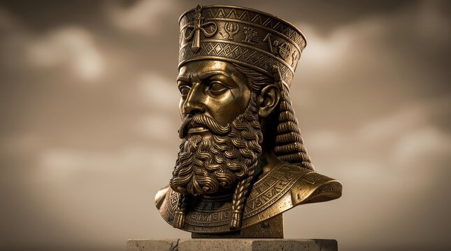 A detailed bronze bust of an ancient king with a braided beard and ornate crown, set against a soft, blurred background.