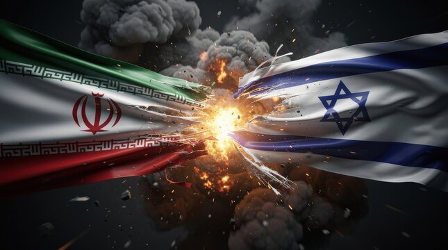 Two flags, Iran and Israel, collide and explode in the center, symbolizing conflict and tension between the two nations.