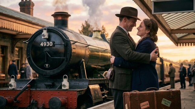 Romantic vintage couple embracing at steam train station during emotional farewell travel scene