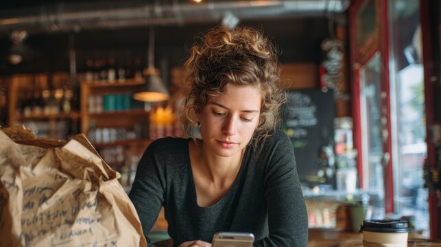 Young woman in cafe using smartphone with coffee cup and blurred interior for lifestyle portrait background and social media design