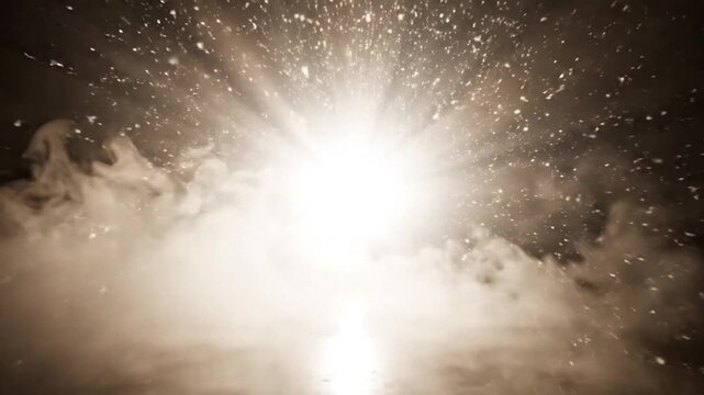 Bright white light opens slowly through thick volumetric fog, revealing layers of glowing atmosphere and soft drifting smoke illuminated by radiant beams. 