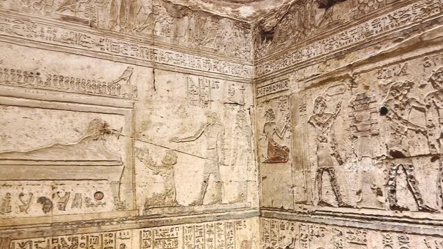 Beautiful bas-reliefs and ancient hieroglyphs from the Dendera Temple Complex, Qena, Egypt.