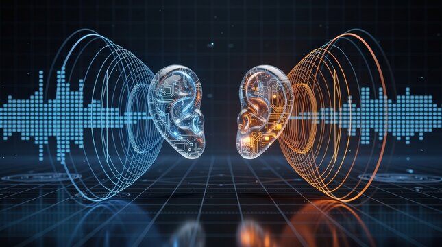Two futuristic digital ears facing each other with sound waves and frequency patterns connecting them in a high-tech, cybernetic environment.