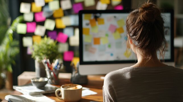 Home office workspace with colorful sticky notes on window and computer screen for remote work productivity background and banner design