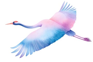 Obraz premium watercolor illustration of crane in flight with gentle pastel colors isolated for versatile design use. Suitable for postcards, wellness concepts, travel themes, calming visual compositions