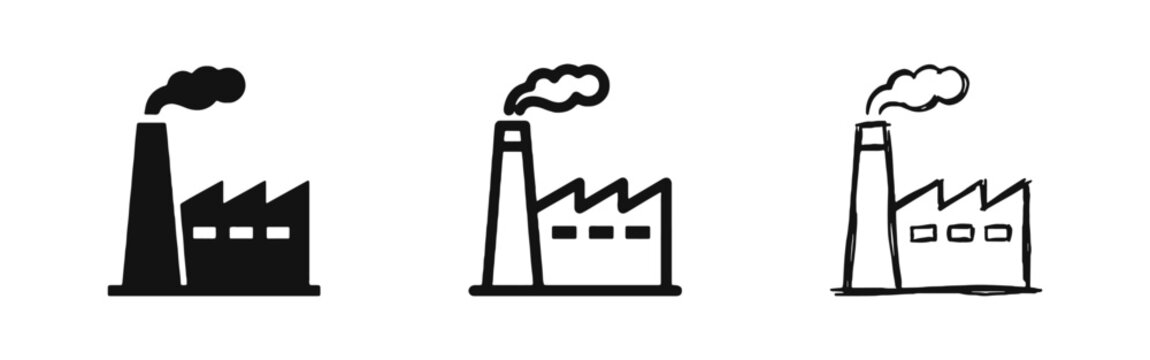 Industrial Factory Building with Smoke Stack Icon Set for Business and Environment