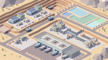 Fototapeta premium Isometric Industrial Complex with Buildings and Vehicles.