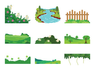Nature scene creation kit. Flat vector illustration of river landscape, floral corners, bushes, vines and wooden fences. © nguyenhuu
