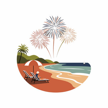 Beach scene with fireworks and lounge.