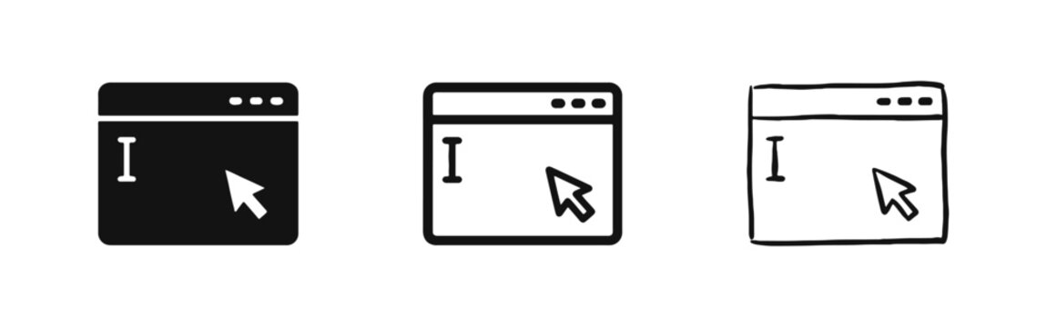 Browser Window Text Cursor Icon Set - Solid, Outline, and Hand-Drawn Styles