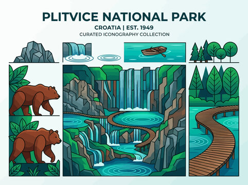 Plitvice National Park Croatia Vector Icon Collection with Waterfalls, Brown Bears, Wooden Walkways, and Nature Landscapes