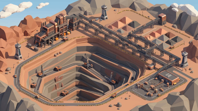 Industrial mining operation in a desert landscape with heavy machinery.