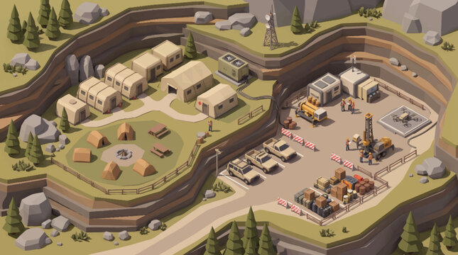 Isometric view of a military base with tents and vehicles.