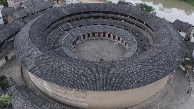 Aerial View of Circular Hakka Tulou Courtyard in Fujian China