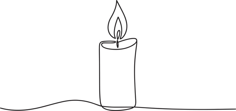 Continuous one line drawing of tall lit candle with glowing flame minimalist style.