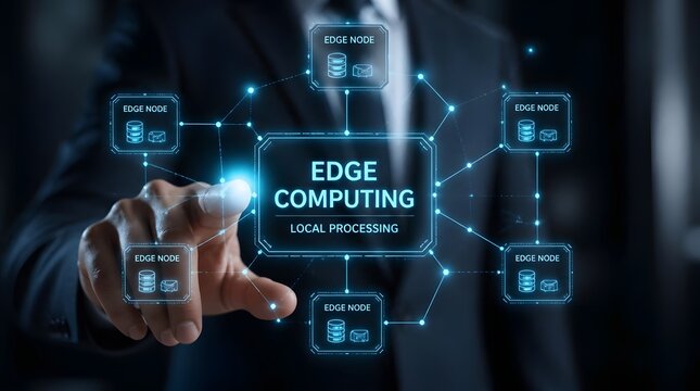 Edge Computing Interface with Hand Interaction, Futuristic HUD Technology Photography, Information Technology and Local Processing, Holographic nodes and glowing blue cir