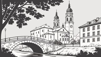 Fototapeta premium Charleston skyline featuring historic bridge and church steeples