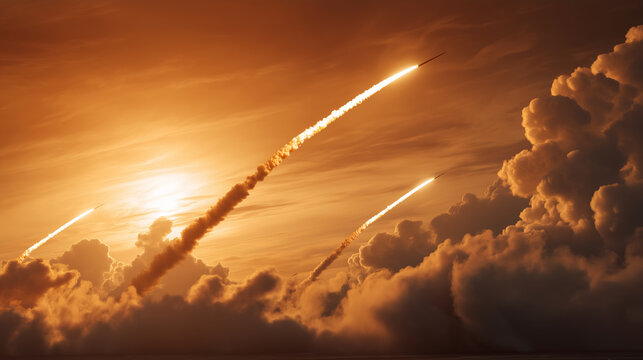 Missile launch in fiery orange sky with bright rocket plume, military defense operation, air defense system, tactical readiness, national security, geopolitical crisis and modern a