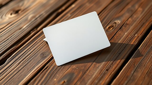 notecard. A single blank notecard angled on a rustic wooden surface with warm natural lighting. lifestyle magazines, social media lookbooks, designed for influencer and brand collaborations.