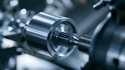 Fototapeta premium Medium shot of a lathe turning a forged idler arm showcasing precision machining of steering linkage components with smooth metal surfaces and detailed splines.